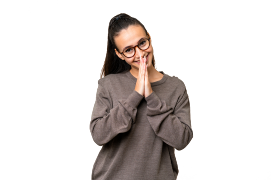 Young Arabian woman over isolated chroma key background keeps palm together. Person asks for something