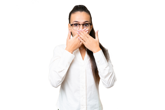 Young Arabian woman over isolated chroma key background covering mouth with hands