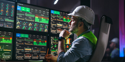 Head engineer following the factory process using Industry 4.0. Facility operator control production uses computer screens with SCADA system