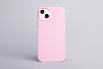 high quality starlight iPhone 14 Plus pink phone case mock up, smartphone isolated on gray background back view, 3d object mockup for print and design
