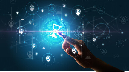 Businessman hand pressing stock graphic information on multitouch screen