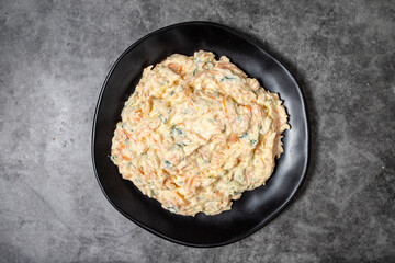 Carrot tarator on dark background. Turkish cuisine appetizer flavors. Top vew. close up