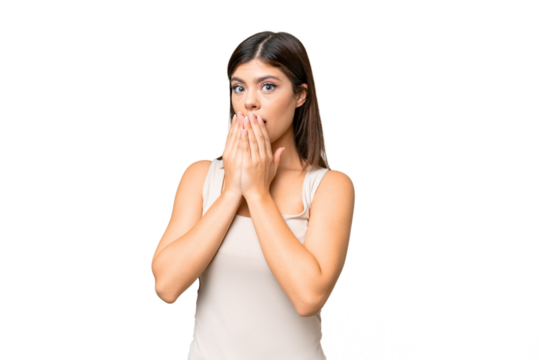 Young Russian woman over isolated chroma key background covering mouth with hands