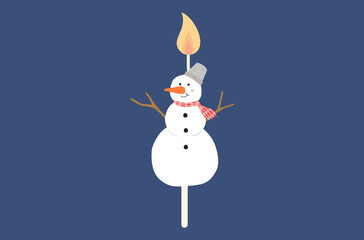 Snowman wax candle for birthday decoration, birthday ornament decoration vector, flat design of birthday wax candle vector, glowing fire candlelight for party cake, winter celebrate season vector.