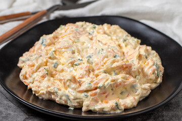 Carrot tarator on dark background. Turkish cuisine appetizer flavors. close up