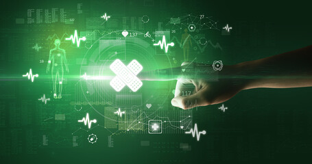 Doctor hand pressing futuristic health device with medical symbol on screen