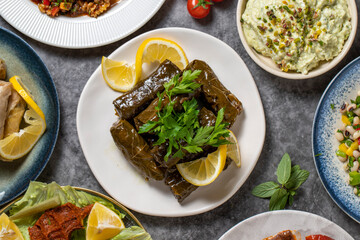 Top view traditional Turkish and Greek dinner appetizer table. Mediterranean appetizer concept. Raw meatballs, roasted eggplant salad, stuffed olives, stuffed peppers, gavurdagi salad