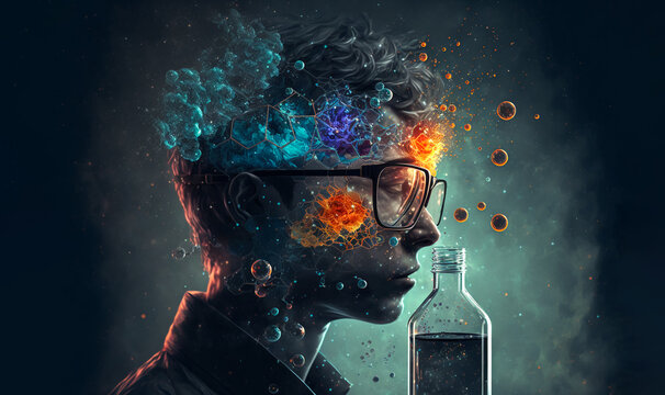 Abstract science concept. Colorful art of a young man with test tube and many bubbles. Research and experiment. Generative AI.