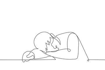 man lies on a table using his hand as a pillow - one line drawing vector. the concept of being tired and falling asleep sitting at the table