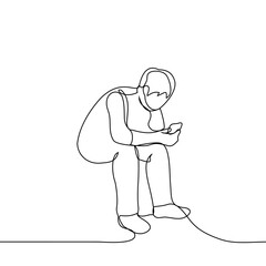 man sits with a phone in his hand and swipes - one line drawing vector. concept mobile online surfing