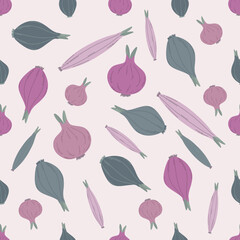 Seamless pattern pink onion. Vegetables, health.