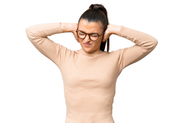 Young beauty woman over isolated chroma key background frustrated and covering ears