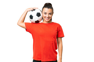 Young beauty woman over isolated chroma key background with soccer ball