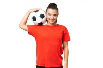 Young beauty woman over isolated chroma key background with soccer ball