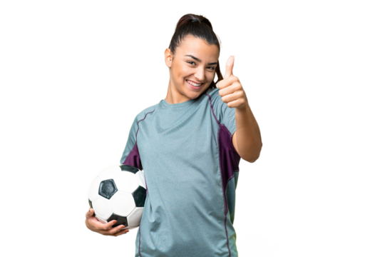 Young football player Woman over isolated chroma key background with thumbs up because something good has happened - Powered by Adobe