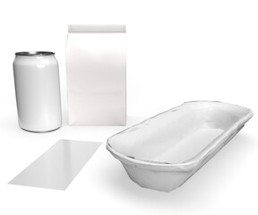 3D illustration - Hot dog menu packaging with a metal tin for beverages, a packaging for food and a hot dog package.