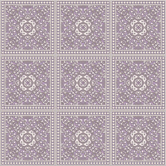 Lilac ceramic mosaic floor tiles with white vintage ornament 3D seamless texture