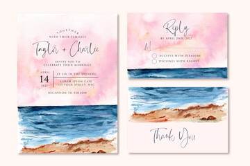 wedding invitation set with beautiful beach view watercolor landscape