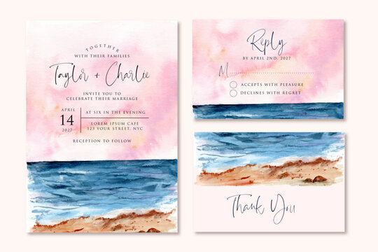 wedding invitation set with beautiful beach view watercolor landscape