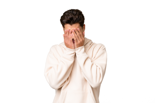 Young caucasian handsome man over isolated background with tired and sick expression