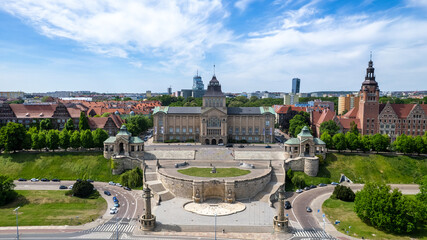 Szczecin - aerial city landscape. The Chrobry shafts, the theater and the panorama of the city....