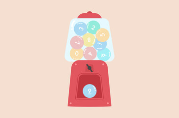 Flat design of spin machine with random numbers, Thai lotto, Thai lottery machine random numbers, lucky random gambling game, lotto ball number zero to nine, entertaining gambling game.