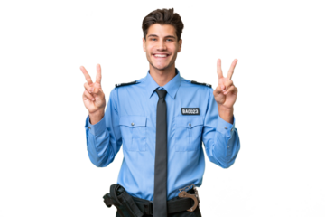 Young police man over isolated background showing victory sign with both hands