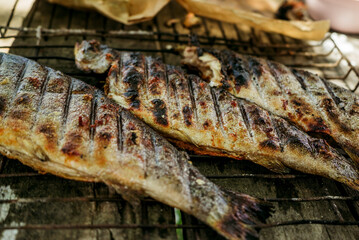 Obraz na płótnie Canvas grilled fish on a fire on a barbecue at a picnic, grilled food on a grill 3