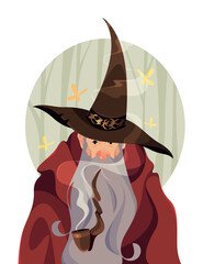 Portrait of an old wizard with a pipe. Smoke, gray beard. Vector illustration, character design. 