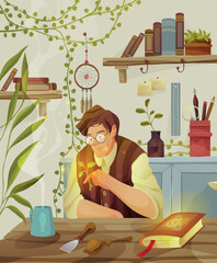 Vector fairytale illustration of the gardener - botanist. Plants, green, nature. Character design. Vintage style.