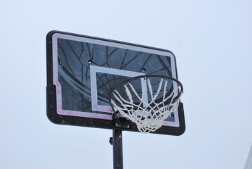 Basketball hoop on the background of blue sky.