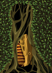 Vector cartoon illustration of a tree with leaves. Hollow, house of fairies. Fantasy art.