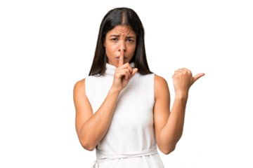 Young African american woman over isolated background pointing to the side and doing silence gesture