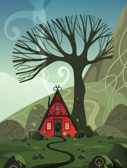 Cozy fairytale house under an old tree. Celts. Vector cartoon illustration.