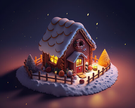 Computer generated image of a gingerbread Christmas house with lights and decorations, under the snow. Isometric view.