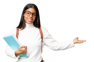 Young African American student woman over isolated background extending hands to the side for inviting to come