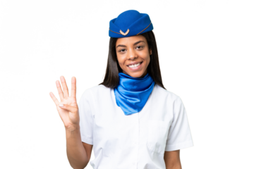 Airplane stewardess African american woman over isolated background happy and counting four with fingers