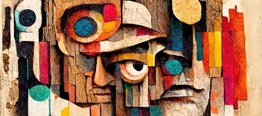 Fotobehang Abstract colorful Portrait of Human face on wood bark. Bold Brush. Generative AI   © Gasi
