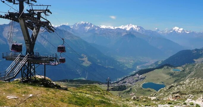 Bettmeralp, Switzerland - July 16, 2022: Cabin cable car from Bettmeralp village to the Bettmerhorn with Aletsch arena