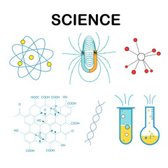 Science icons on white background. Research outline icon. Thin line vector elements in color.