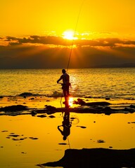 fishing at sunset