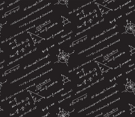 Vintage education background. Trigonometry law theory and mathematical formula equation on blackboard. Vector hand-drawn seamless pattern.