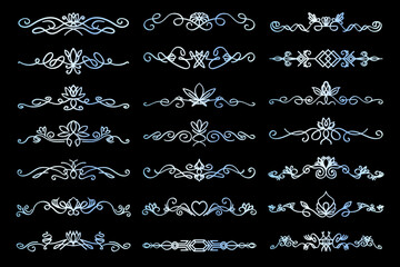 Abstract luxury text dividers, isolated on black background. Linear elegant ornaments, vintage design element collection. Dividers, paragraph separators, flourish, calligraphic style.