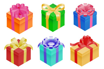 Gift boxes collection. Colorful boxes, isometric projection isolated on white background.