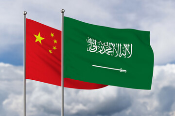 Chinese and Saudi Arabia flag on sky background. 3D illustration