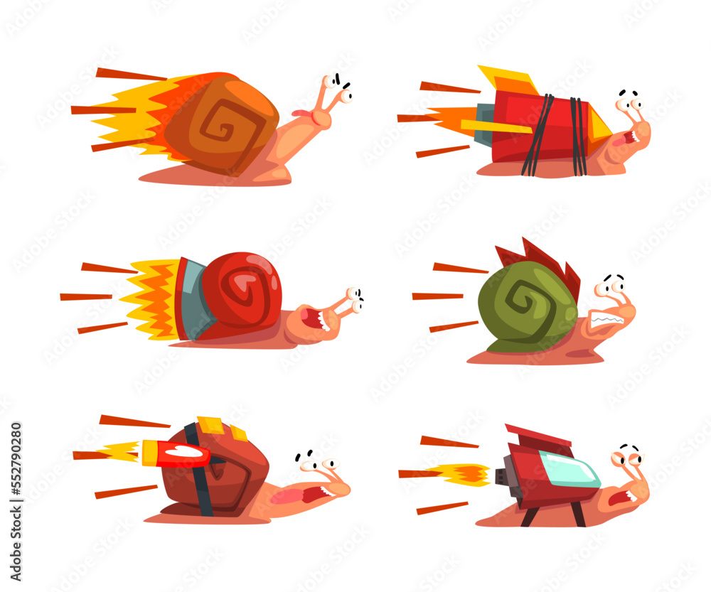 Poster fast snails as funny mollusk character with turbo rocket speed booster vector set