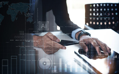 Data science. Man programmer using digital tablet computer analyzing and develop software on futuristic virtual interface screen. Algorithm. digital marketing, big data analysis and management