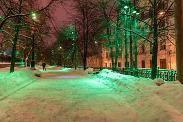 Moscow, Russia - December 7, 2022: Snow-covered streets and houses of cold and winter Moscow