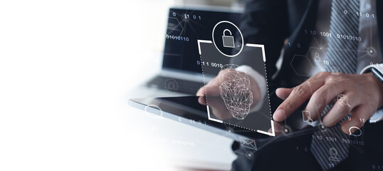 Facial recognition, biometric security system, cyber security network technology, data protection concept. Businessman using digital tablet with face scanning, unlocked to access personal data 