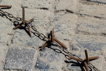 War of Russia against Ukraine. Spikes to puncture the tires of Russian military vehicles during the war